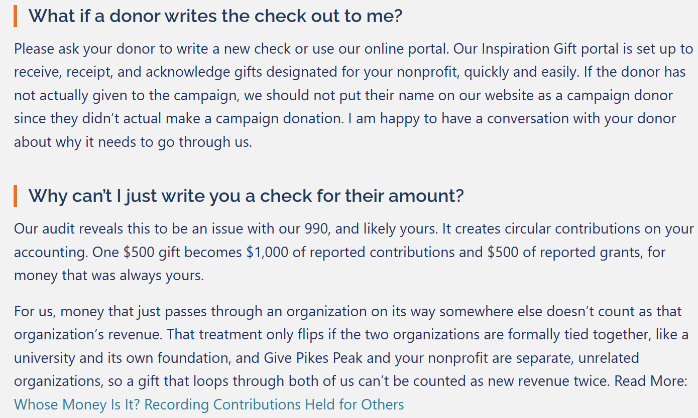 Inspiration Gift FAQ: what to do if a donor writes the check out to your nonprofit, and why Give Pikes Peak cannot accept a check written from your organization for a donor's gift.